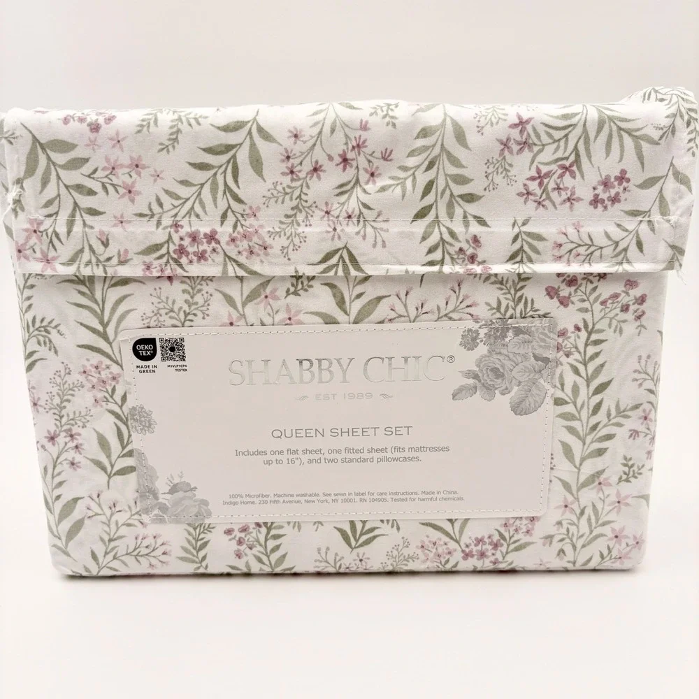 Shabby Chic Queen Sheet Set Floral Botanical Pink Sage Green Microfiber 4 Piece